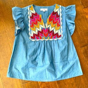 Chambray Embroidered Ruffle Short Sleeve Top